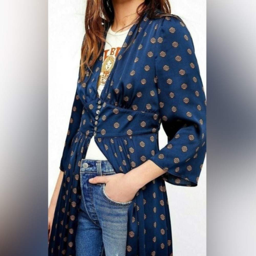 Free People Alexa Duster Navy And Tan Pattern, Women's XS - Picture 2 of 9